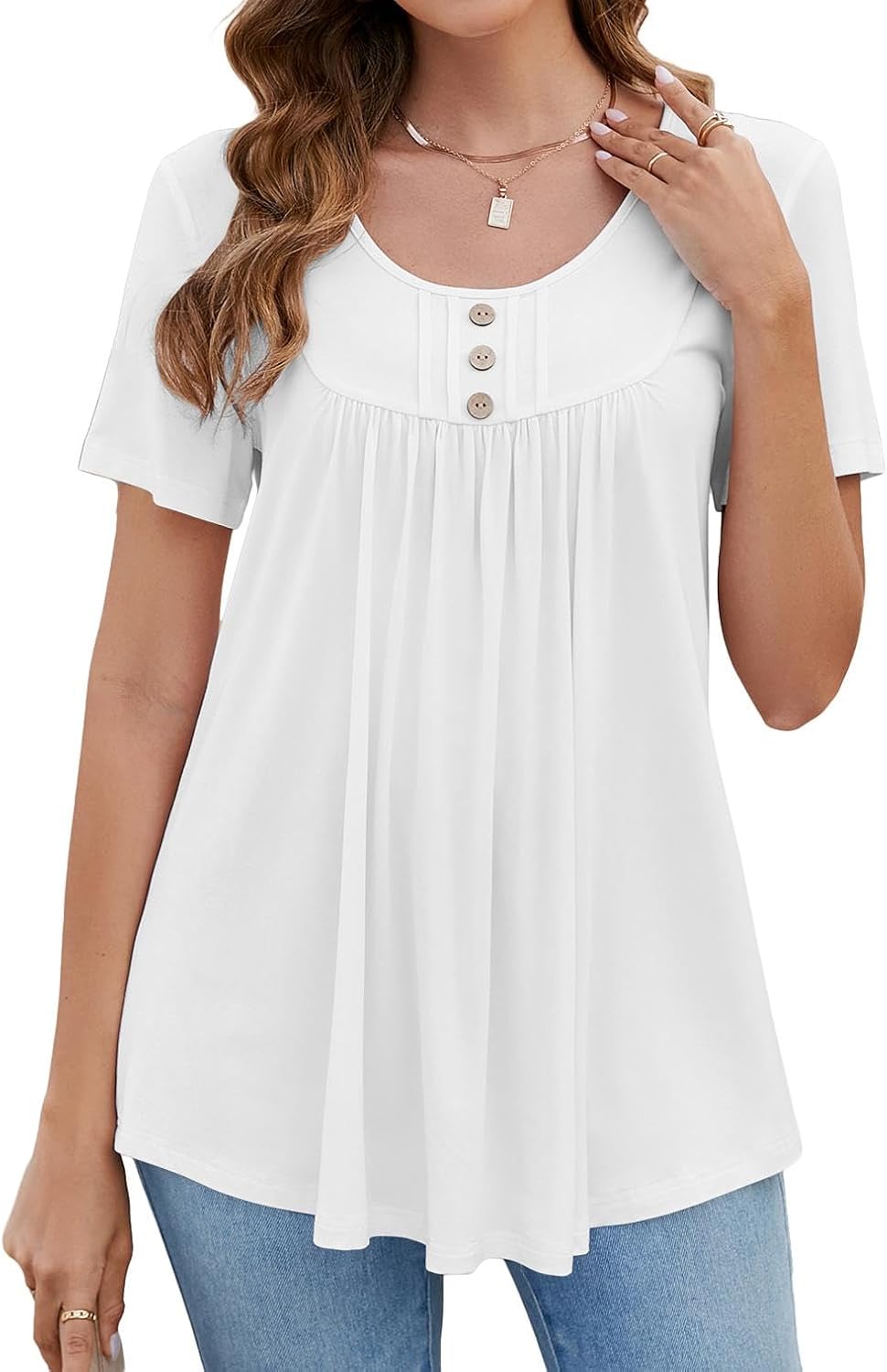 BeadChica Women's Tunic Tops For Leggings Short Sleeve Shirts Botton Up Casual Ruched Blouses Clothing-White-M - Image 2