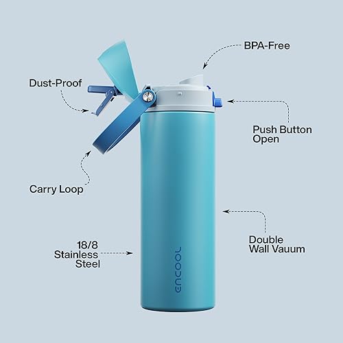 Miniatura 4 de ENCOOL Botella de agua aislada con popote, botella de agua de acero inoxidable con tapa de botón, a prueba de fugas y sin BPA, mantiene el frío