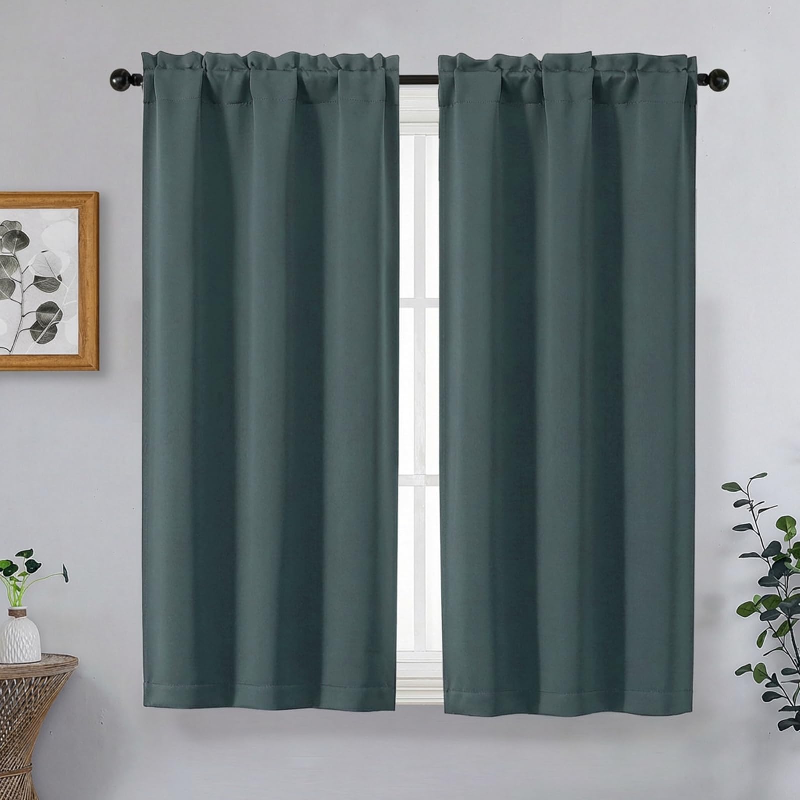 OVZME Dark Green Short Blackout Curtains for Bedroom 54 Inches Long 2 Panels, Modern Window Treatment Solid Thermal Insulated Curtains for Living Room, Dual Rod Pocket Blackout Drapes, 2x40Wx54L