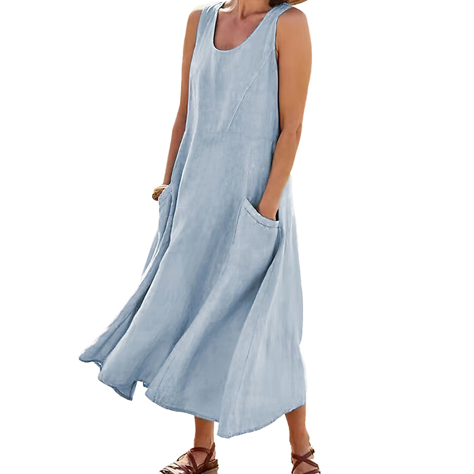 Vestido de Mujer sin Mangas Vestido de Algodón Y Lino Casual Vestido Largo con Bolsillo Vestido de Chaleco sin Mangas, WFFUO, Azul cielo, XXL