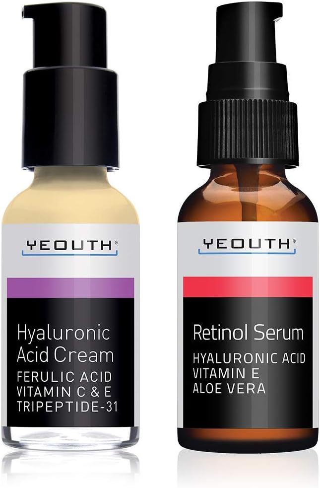 Hyaluronic Acid Cream Face Moisturizer Bundle with Retinol Serum 2.5% (1oz) with Hyaluronic Acid by YEOUTH.