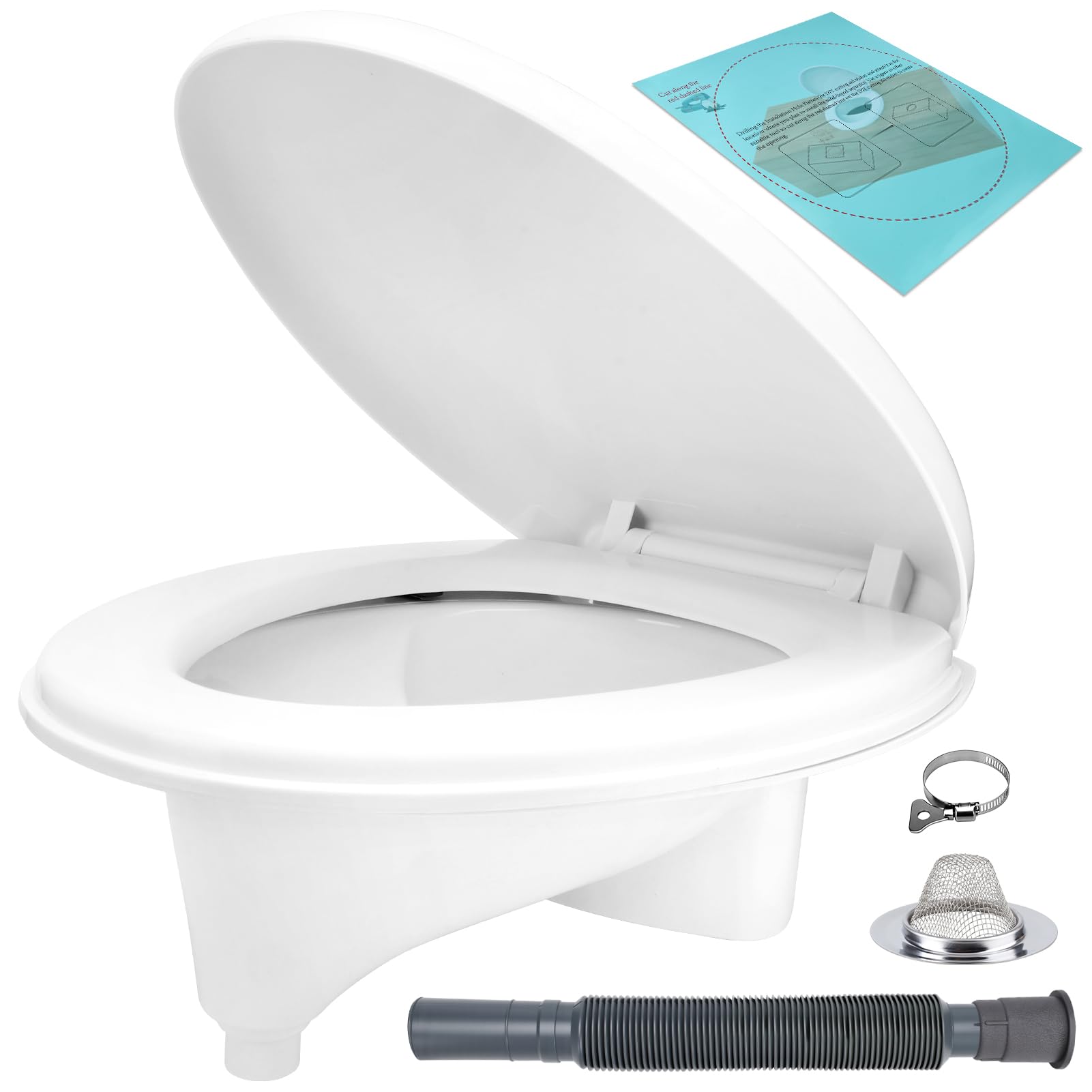 Complete Composting Toilet Kit with Urine Diverter & Toilet Seat - Kit with 365x276mm Large Opening, Mirror Finish ABS, Cutting Template & Hose, for RV, Cabin, Boat, Off-Grid