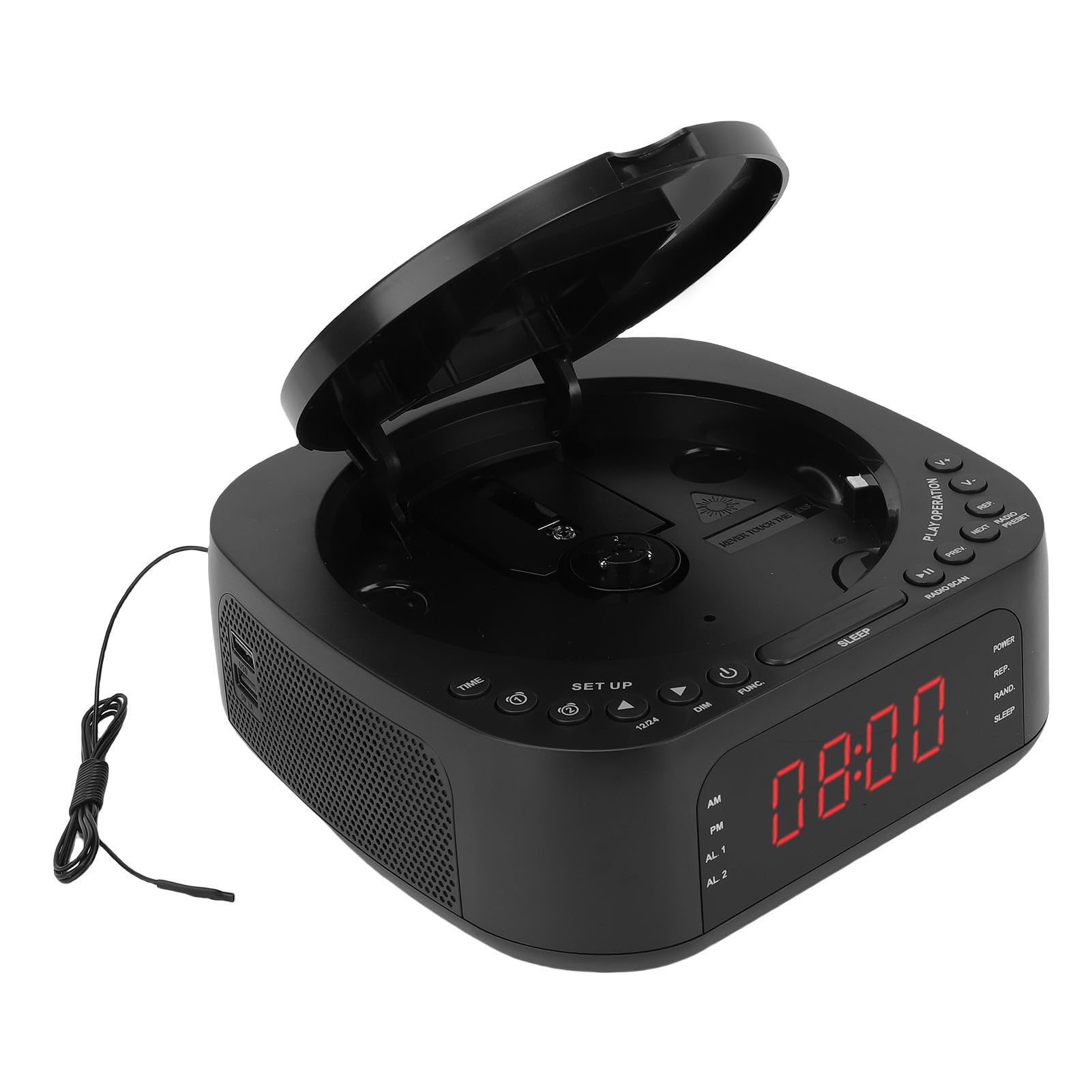 Odtwarzacz CD Budzik z Głośnikiem Pilot Zdalnego Sterowania Ładowanie USB Możliwość Przyciemniania Wyświetlacz Pulpit Radio BT do Sypialni, Półki na Książki, Domu (Wtyczka UE)
