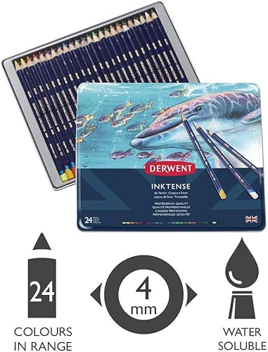 Miniatura 3 de Derwent Lápices de dibujo, tinta, núcleo de 0.157 in, lata de metal, acuarela, 24 por paquete (0700929) + paquete de pincel de agua