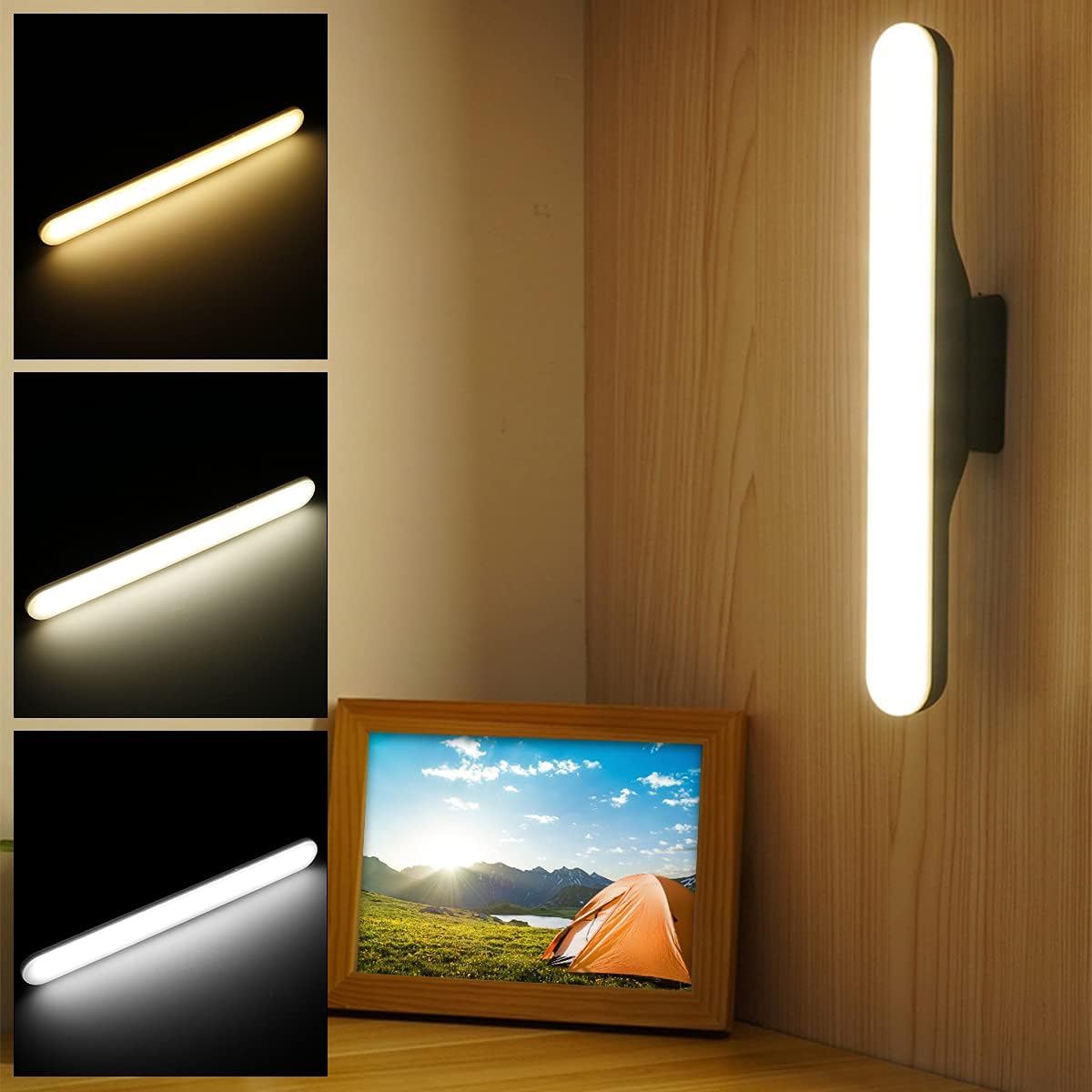 BIGTHREE® Under Cabinet Lights, Dimmable Touch Light Bar, Rechargeable Wall Lights, Lamp Wall Mounted Lamp 3 Color Reading Lamp LED Makeup Light, for Reading, Closet, Bookshelf, Kitchen, Bedroom