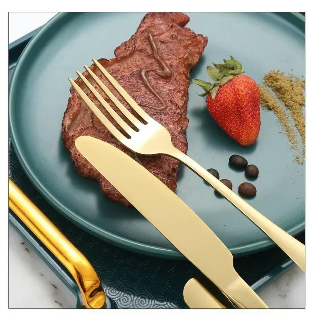 Ensemble de Couverts de Restaurant en Acier Inoxydable, 24 pièces, Couverts dorés, légers et spéculaires, Couteau à Steak, Fourchette, cuillère à café, avec boîte Cadeau