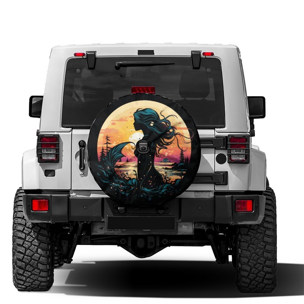 Beautiful Mermaid Silhouette Fresh Spare Tire Cover with Backup Camera Hole Wheel Tire Cover Fit Trailer, RV, SUV and Many Vehicle 12inch