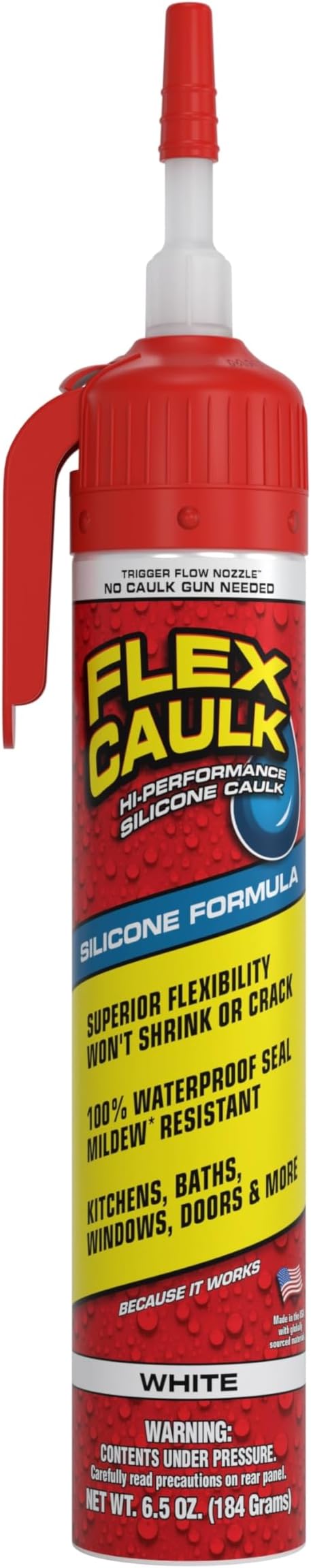 Flex Caulk, Silicone, Waterproof & Weatherproof Sealant, Strong, Indoor, Outdoor, Bath, Kitchen, Shower, Sink, Window, Baseboards, Door, RV, Roof, Wood, Glass, Tile, Marine, White, 6.5 oz, 1-Pack