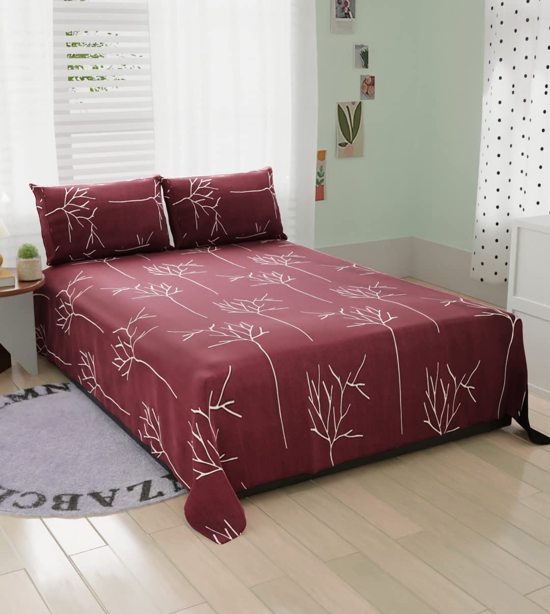 280 TC Glace Printed Cotton Bedsheet for Double Bed Perfect for King Size BedSheet, Cotton Bedspread for King Size Bed- Includes 1 Double Bed Sheet and 2 Pillow Covers - Dark Wine Colour-image-38