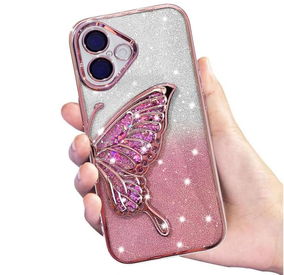 Image of mobistyle Designed for iPhone 16 Plus Cover with Glitter Cute Butterfly Electroplate Plating Design Back Cover Case for Women Teen Girls [ Silicone ||Pink