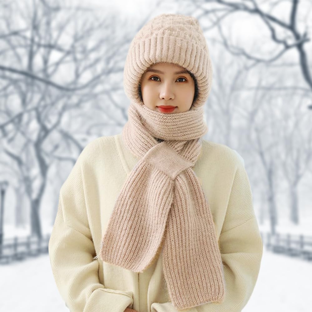 Integrated Ear Protection Windproof Cap Scarf, Elastic Warm Ear Protection Knitted Hat Scarf, Winter Warm Windproof Hat for Women (Beige)