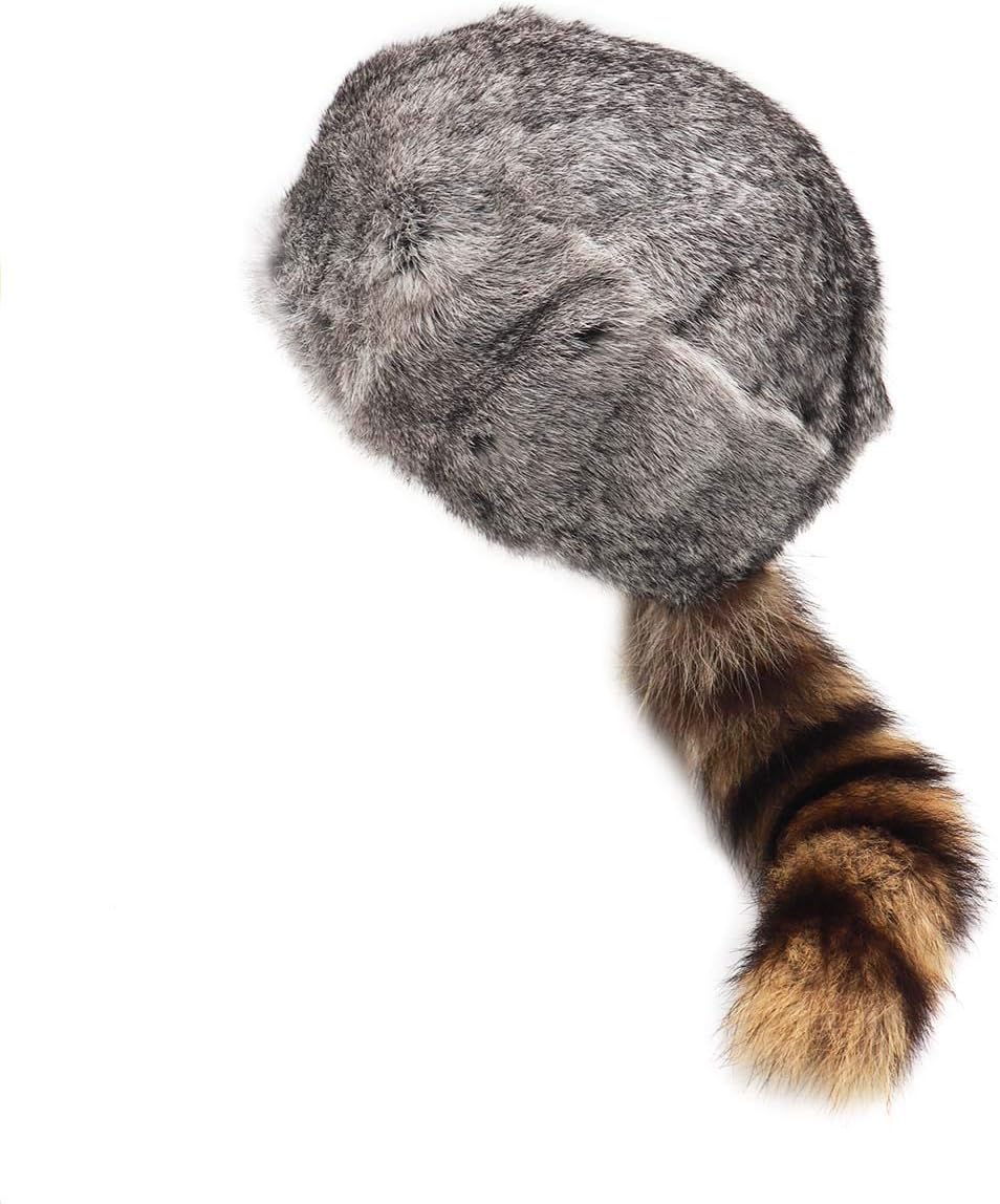 surell - Coonskin Davy Crockett Hat - Real Rabbit Fur Crown with Genuine Raccoon Tail