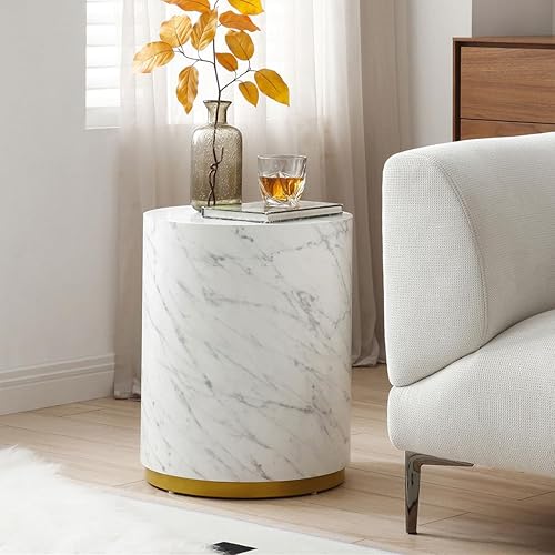 Moderna mesa auxiliar de mármol blanco para sala de estar, elegante mesa auxiliar redonda con forma de tambor, con base de metal dorado (totalmente