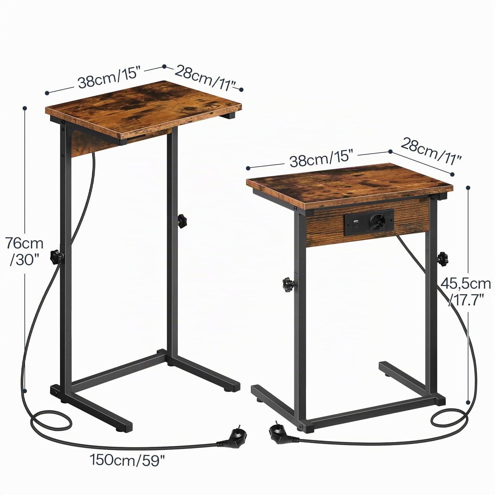 HOOBRO C-Form Beistelltisch mit Ladestation, höhenverstellbarer Beistelltisch mit Steckdose, Sofatisch, Couchtisch für Wohnzimmer, Schlafzimmer, Arbeitszimmer, Vintagebraun und Schwarz EBF71CSF01