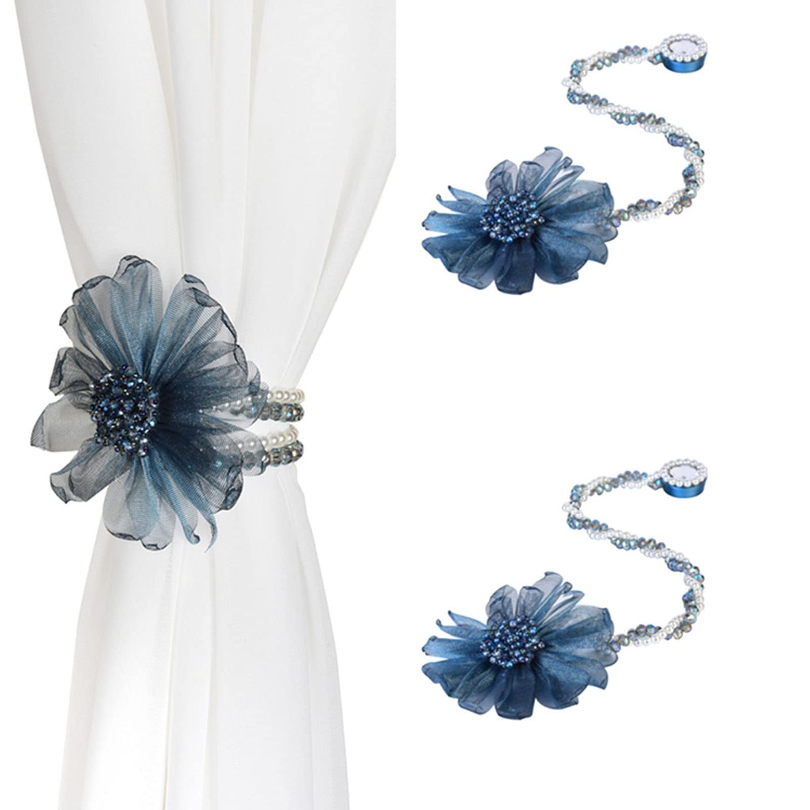 BAMFY Magnetic Curtain Tiebacks Crystal Pearl Outdoor Decorate Curtain Ties Handmade Weave Flower Tie Backs for Curtains 2pcs (Color : Blue)