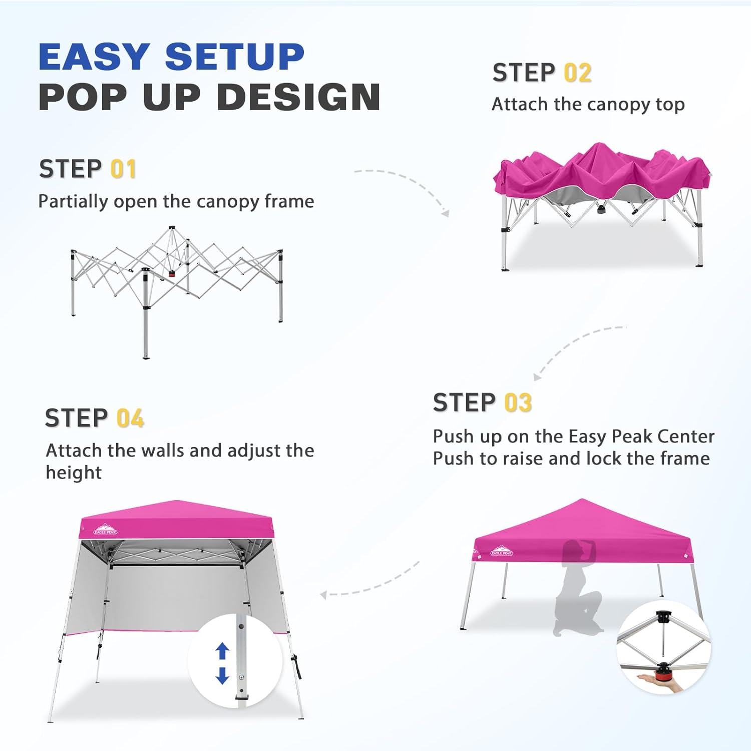 EAGLE PEAK Day Tripper 8x8 Aluminum Super-Lightweight Slant Leg Pop Up Canopy with 3 Removable Walls, Instant Outdoor Backpack Canopy Tent, Outside Beach Folding Sun Shelter, 8x8 Base 6x6 Top, Pink