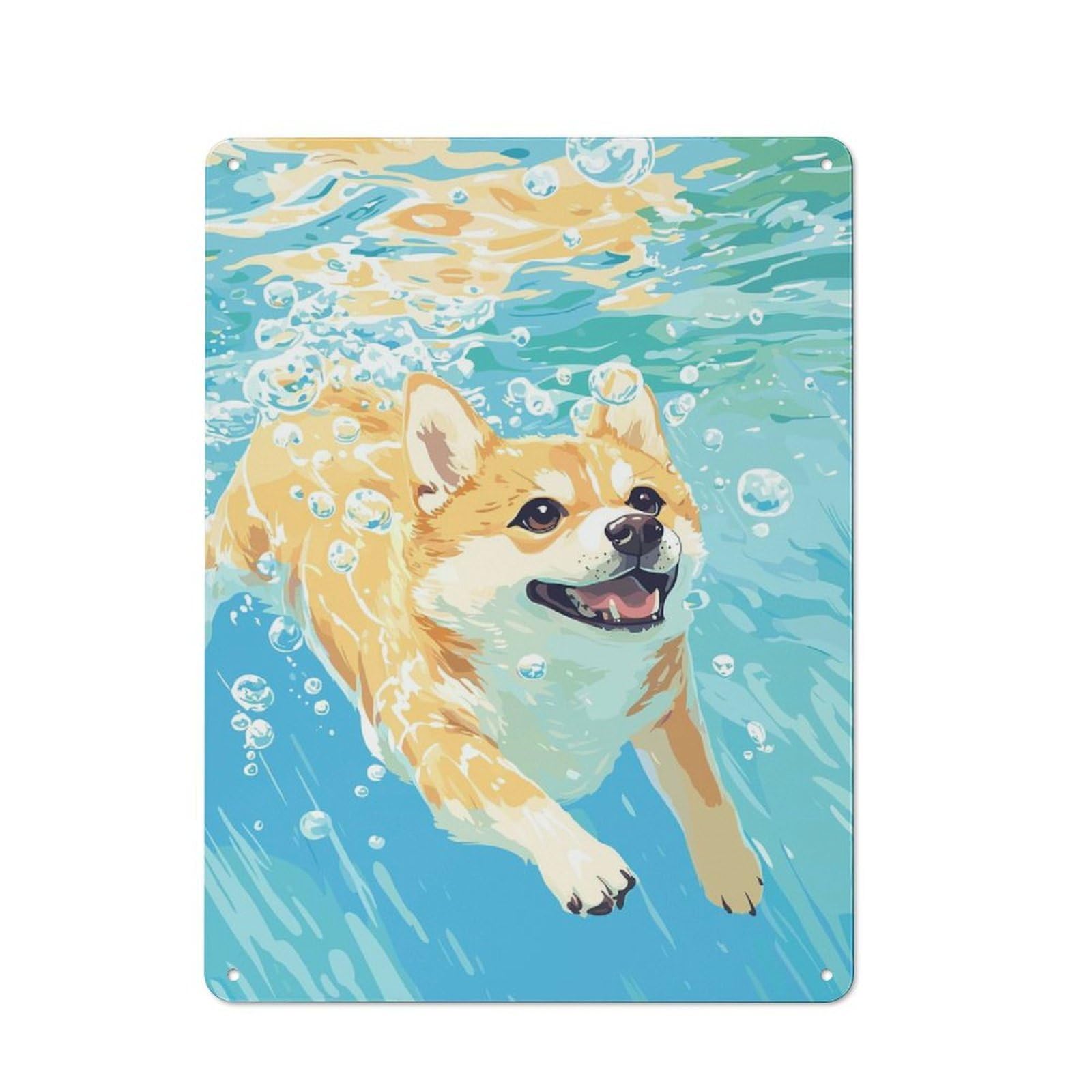 Tin Wall Sign with Corgi Swimming Underwater with Bubbles Design 40x30cm, Classic Kitchen Wall Decor for Restaurant, Kitchen, Counter Or Breakfast Nook