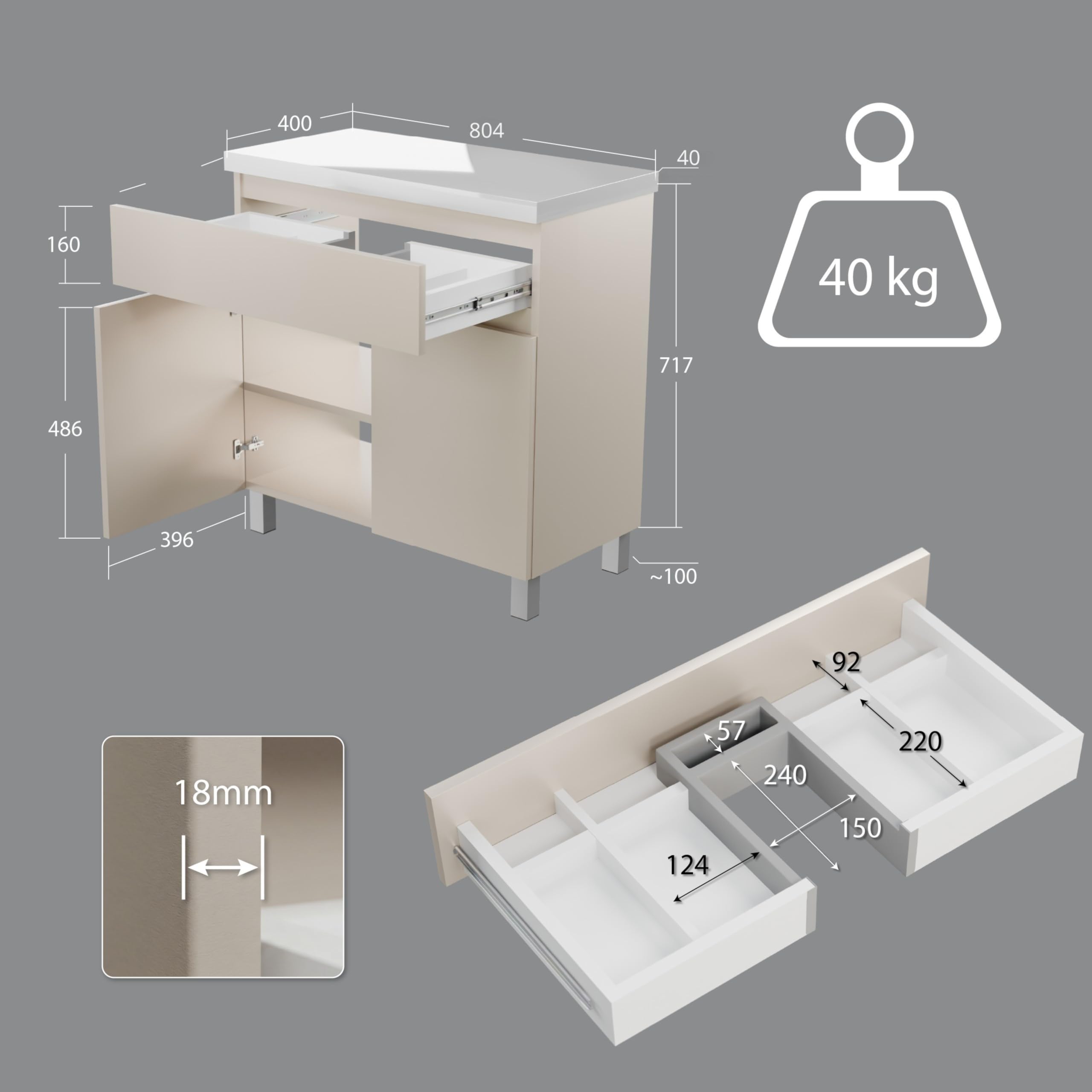 Mueble de baño Ariza Top, suspendido, 80 cm de Ancho, sin Lavabo, con cajón, para lavabos de sobre encimera - Cachemira Mate