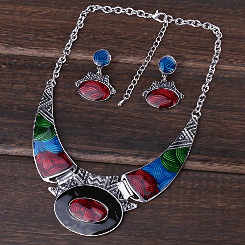 Yazilind Ethnic Multicolor Embossed Oval Gangle Bib Collar Earrings Necklace Jewelry Set #TOP2