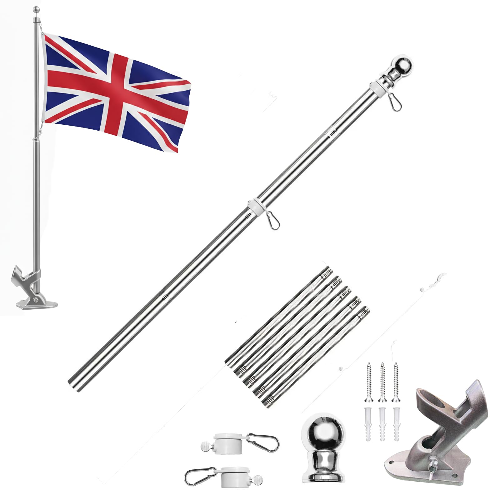Flag Pole Kit 6FT, Heavy Duty Stainless Steel Flagpole with Tangle-Free Rotating Rings and Mounting Bracket, Adjustable Metal Flag Pole for House, Garden, Yard and Outdoor Display (Silver)