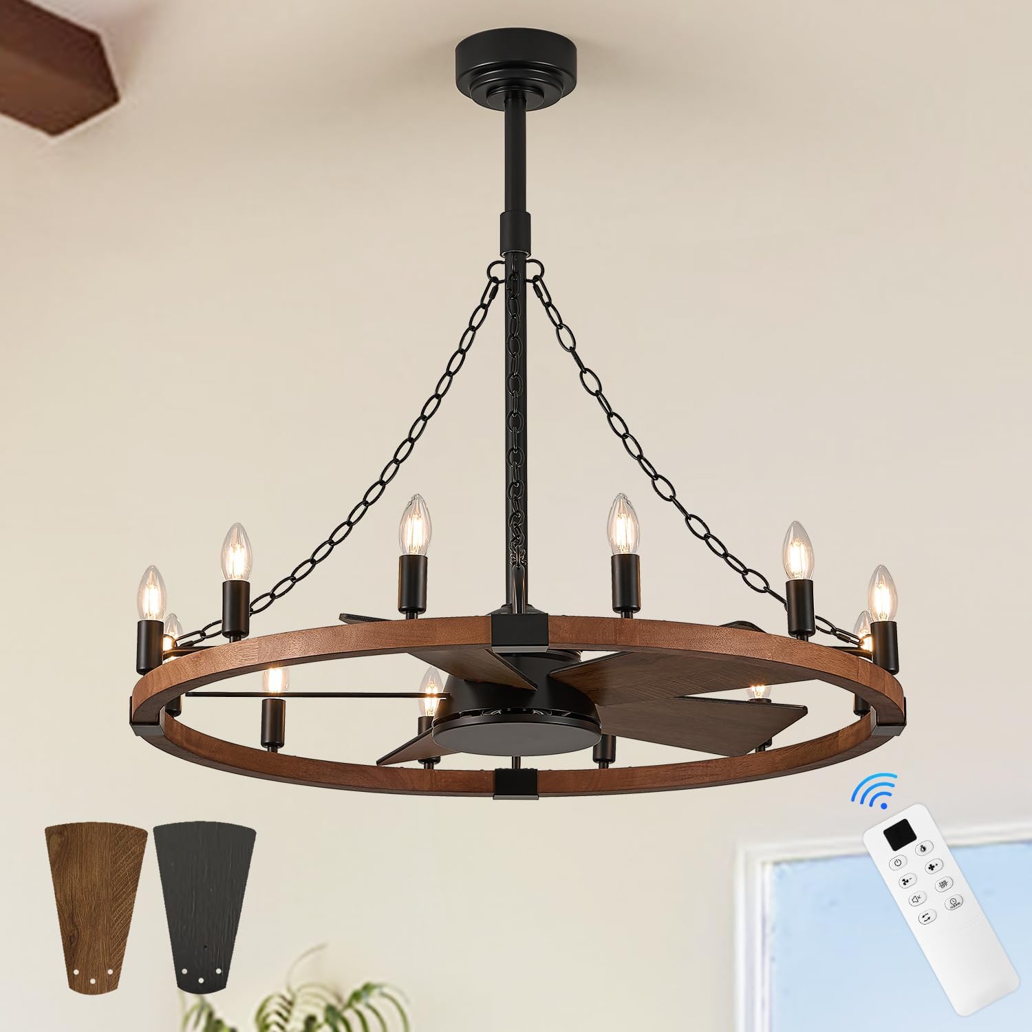 36in Wooden Wagon Wheel Chandelier Fans with Remote Control 12-Light Rustic Ceiling Fan Lights Farmhouse Bladeless Fandelier for Bedroom Dining Room Kitchen Living Room