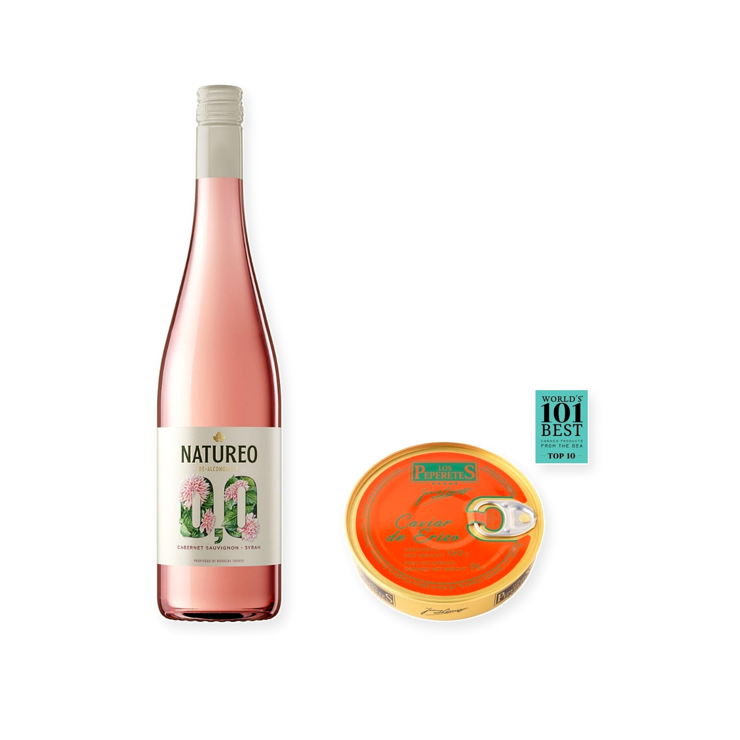 vino sin alcohol Natureo Rosado con Caviar de Erizo Los Peperetes - 1 lata y 1 botella de 75 cl