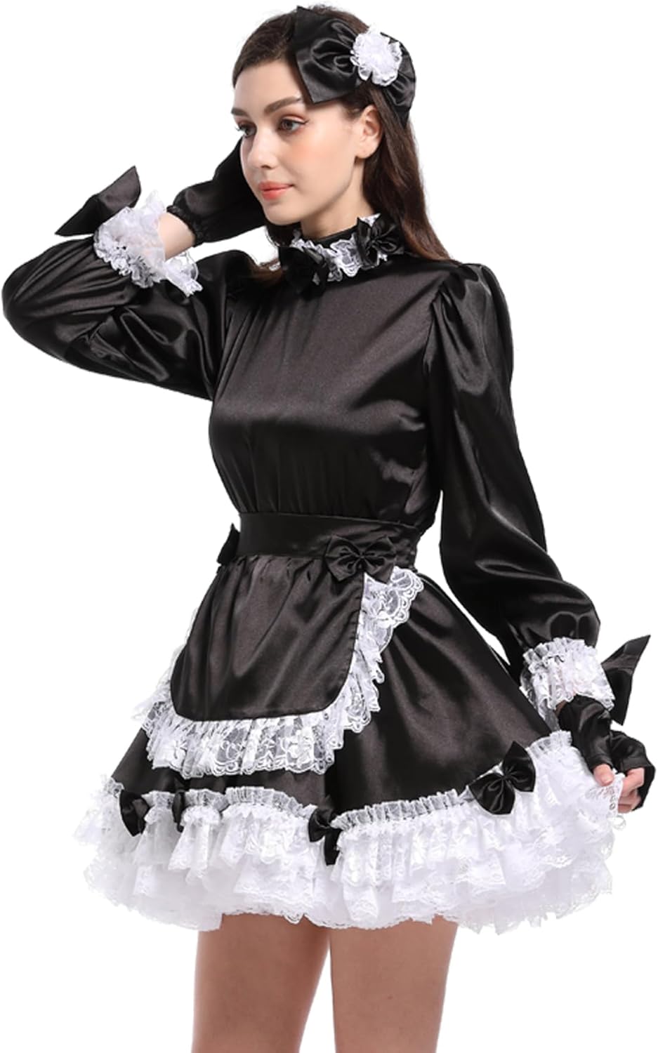 JOLINE Sissy High Neck Bowknot Maid French Dress Crossdressing Outfit - Image 3