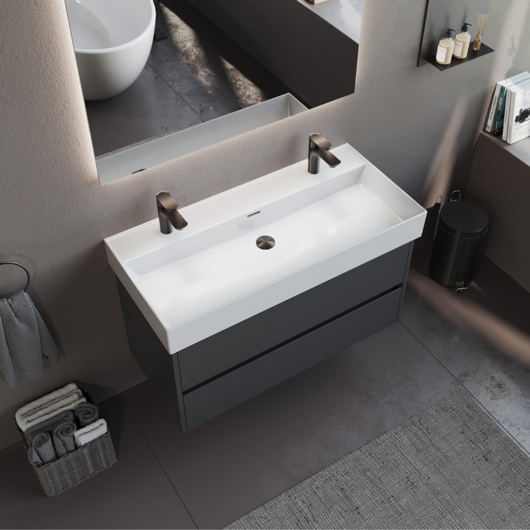 Aqua Bagno Double lavabo 100 cm blanc - Double lavabo moderne en céramique avec deux trous de robinetterie - Lavabo rectangulaire pour salle de bain - Facile d'entretien, robuste et adapté au montage