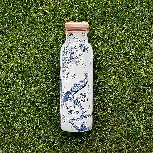 Image of GTAC Printed Design With White Blue Floral Design Coppe water Bottle, Storage Water, 1000 ML, Designer::Set of 1 With Box| Copper Bottle | Gift Set | Office Use| Sports| Daily Use.