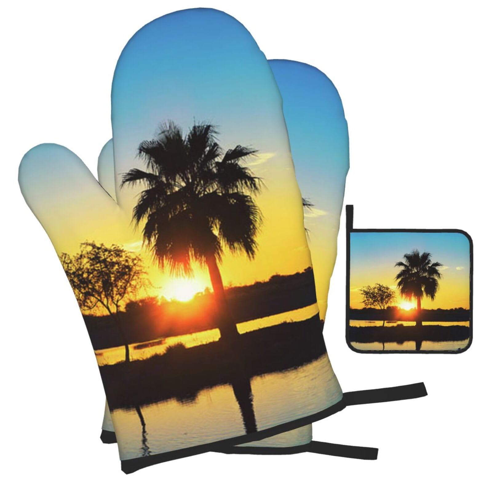 Sunset Palm Printed Oven Mitts and Pot Holders Heat Resistant Set of 3 Pcs, Modern Kitchen Gloves & Potholders for Cooking Baking Grilling
