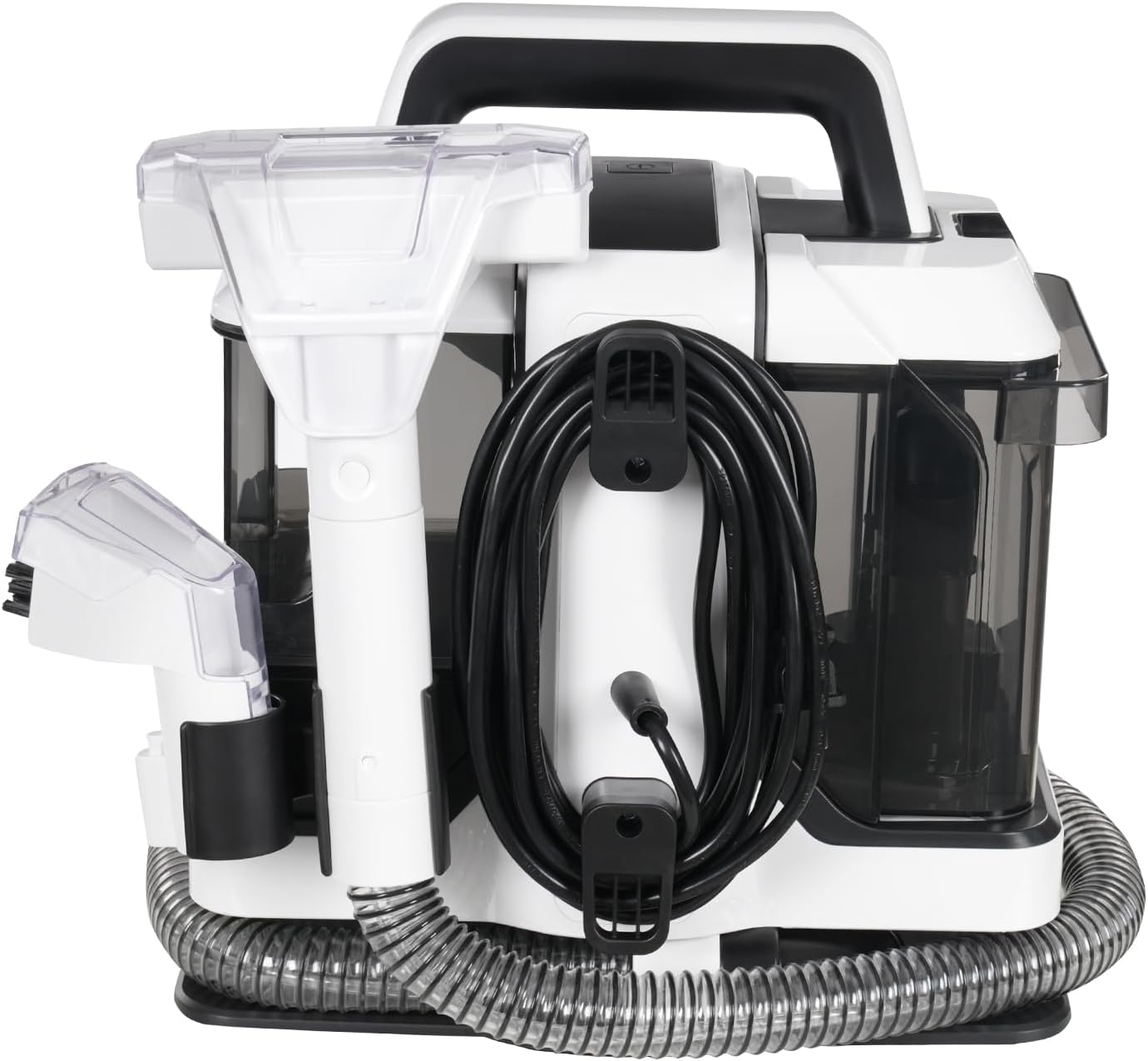 Hose and power cord neatly stored on the side of the cleaner