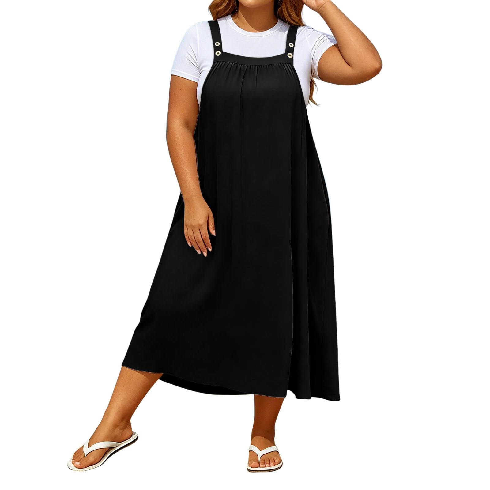 Robe Salopette Grande Taille à Bretelles boutonnées, Coupe Ample, Robe d'été décontractée, Robe Unie froncée