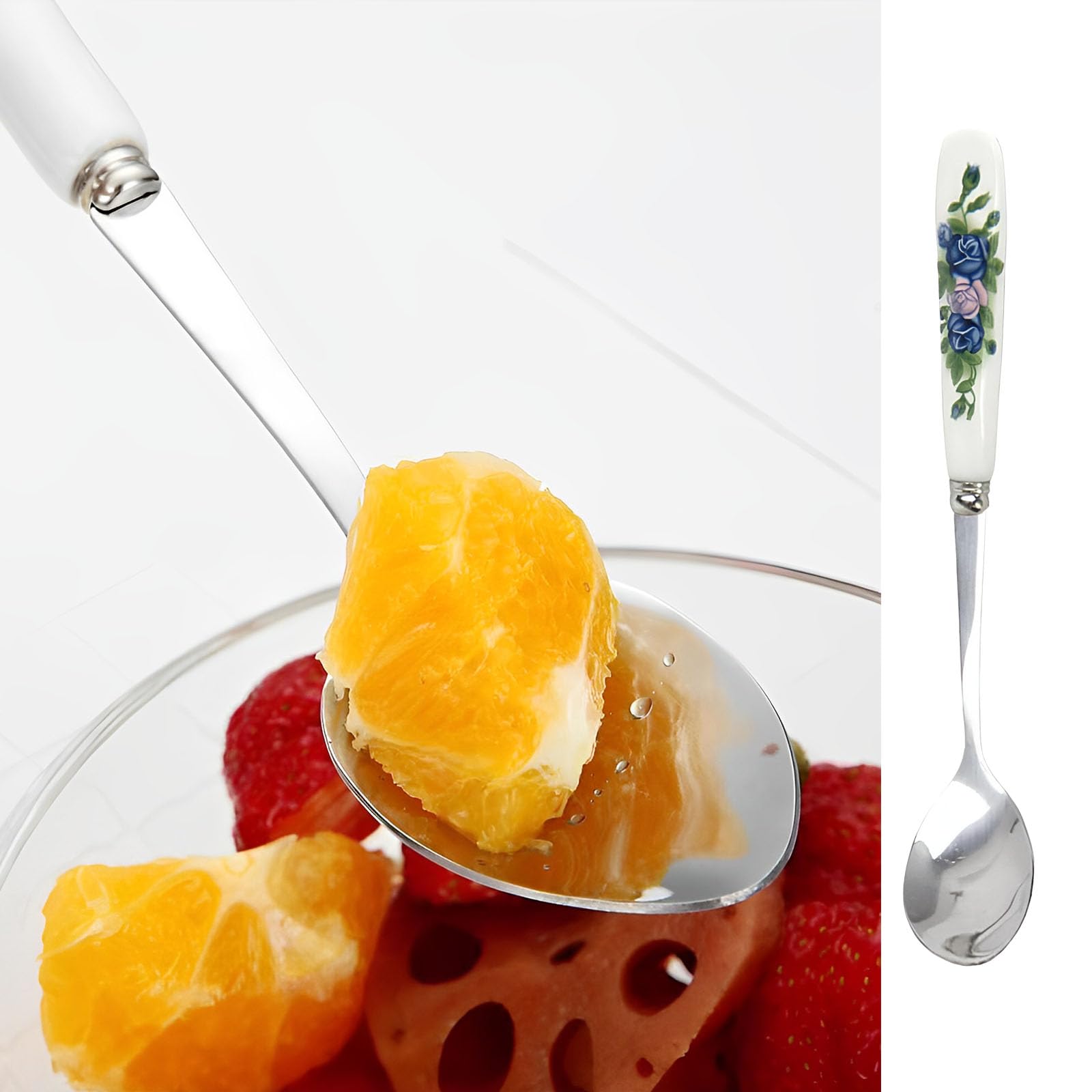 Set 8 Pezzi Cucchiaini E Forchette Dessert Con Manico Ceramica - Motivo Floreale, Per Caffè, Torte E Gelati - Foto 6