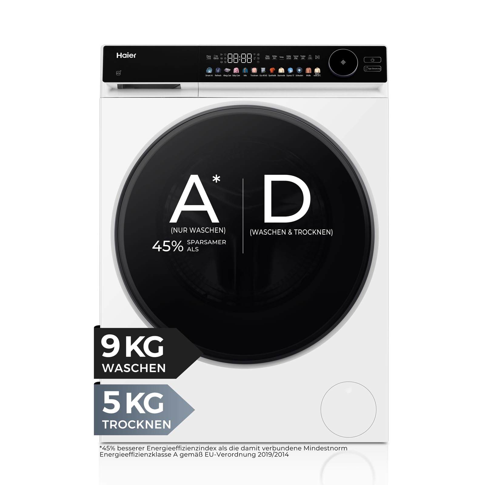 Haier Waschtrockner 9/5kg G7 Serie HWD90-BP14667TU1 | Trocknen), A -45% (Waschen), Leiser Inverter-Motor, Automatik- und Expressprogramm, Vollwasserschutz, Trommelbeleuchtung