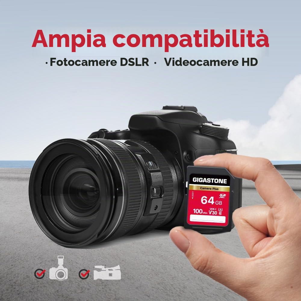 GIGASTONE Camera Plus, scheda di memoria SD da 64 GB, velocità fino a 100 MB/s, UHS-I U3 classe 10, scheda di memoria SDXC Full HD per fotocamera digitale, con 2 mini custodie