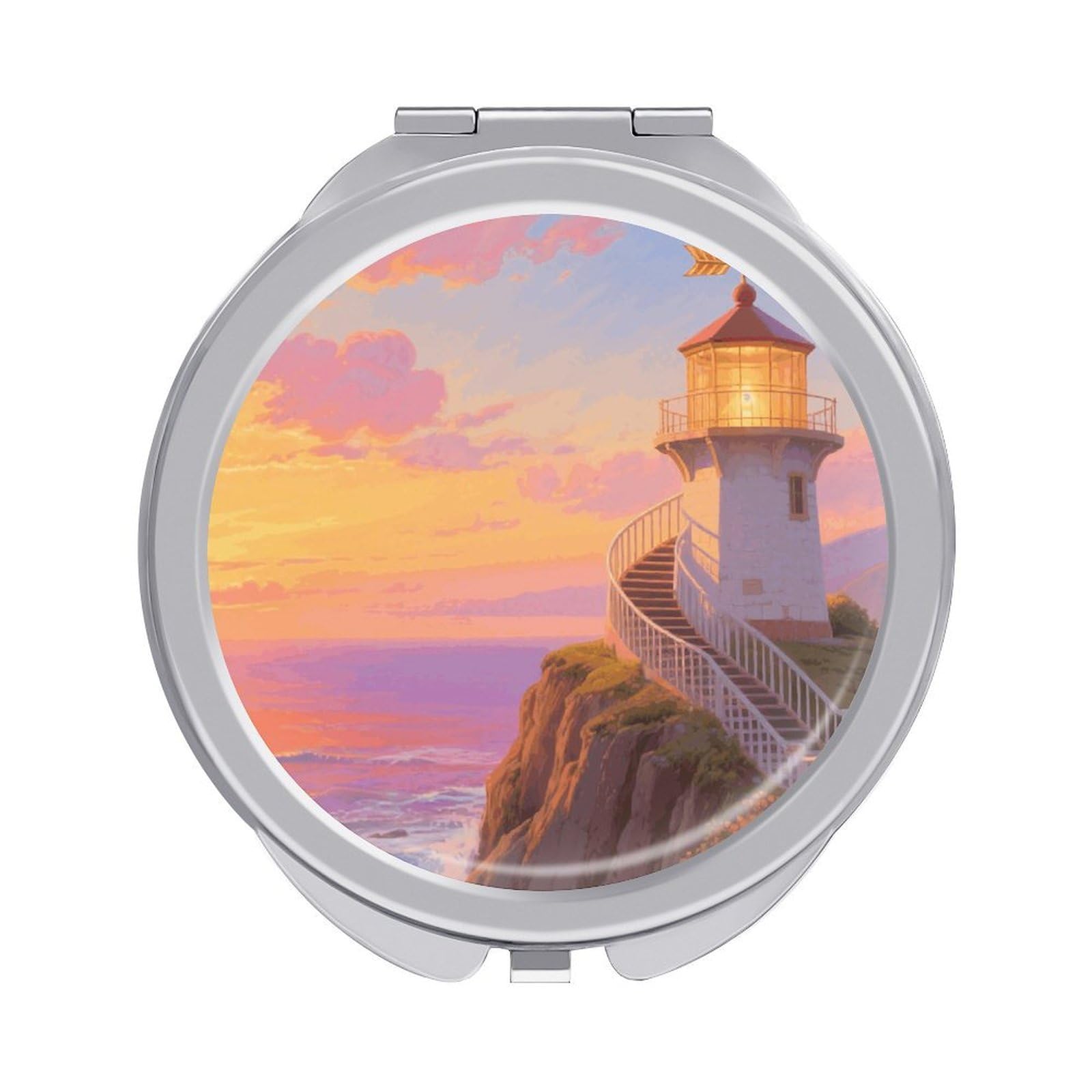 FodPand Compact Hand Mirror with 1x/2x Magnifying Round Travel Makeup Mirror Mini Foldable Sunset Lighthouse Cosmetic Mirrors Travel Essentials Gift for Women Girl Portable for Pocket Purse -Silver