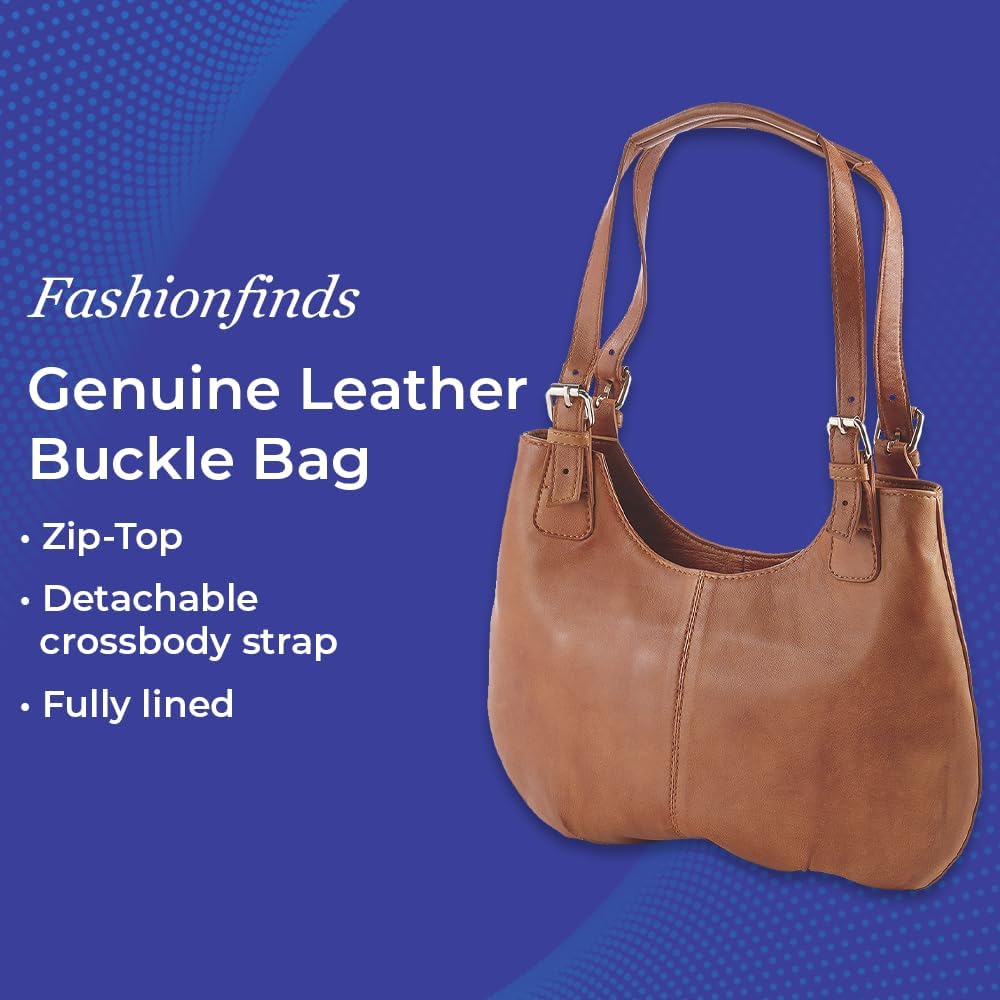 Genuine Leather Buckle Bag, Women’s Purse with Magnetic Snap Closure, Ladies Cognac Brown Handbag with Multiple Pockets, Detachable Crossbody Shoulder Strap