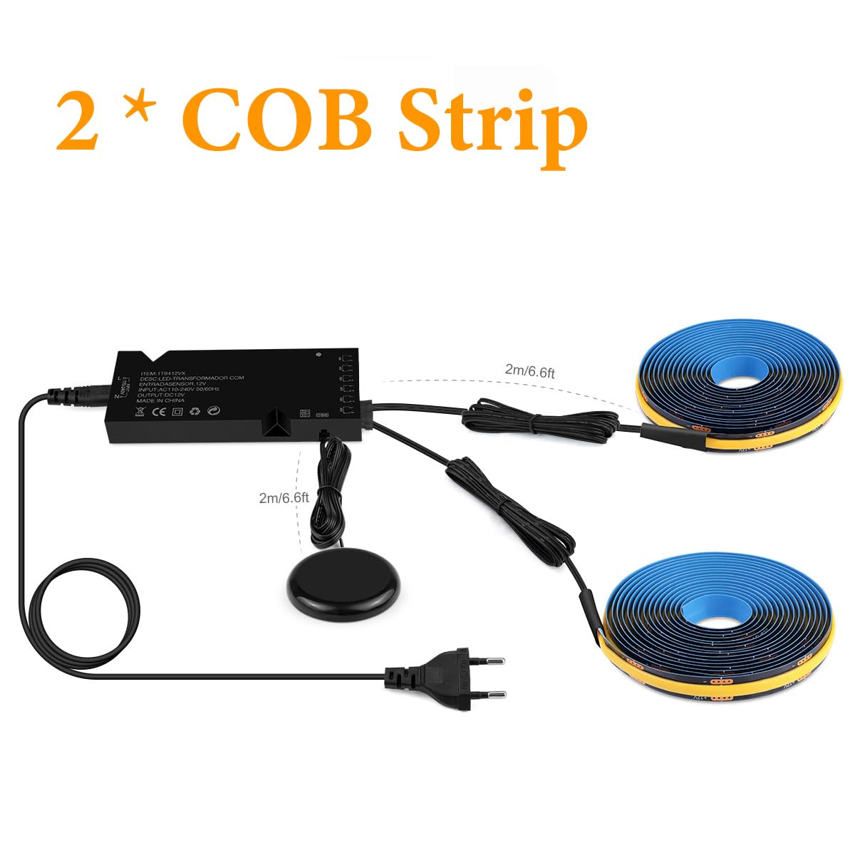 OOWOKS Luces para armarios Tira LED COB 6 en 1 Regulable Tira LED táctil penetrante 1 m Blanco cálido 12 V Paneles acústicos LED con interruptor táctil y regulador manual para estanterías,2er,1M