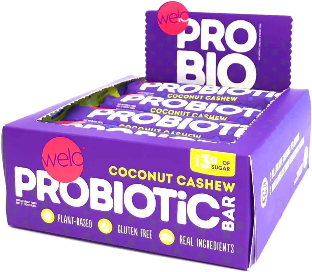 Welo Coconut Cashew Bar (Probiotic and Prebiotic), 12 Bars, Low Sugar, Vegan, Non-GMO, Gluten Free, Soy Free, Corn Free, Kosher, Good source of fiber