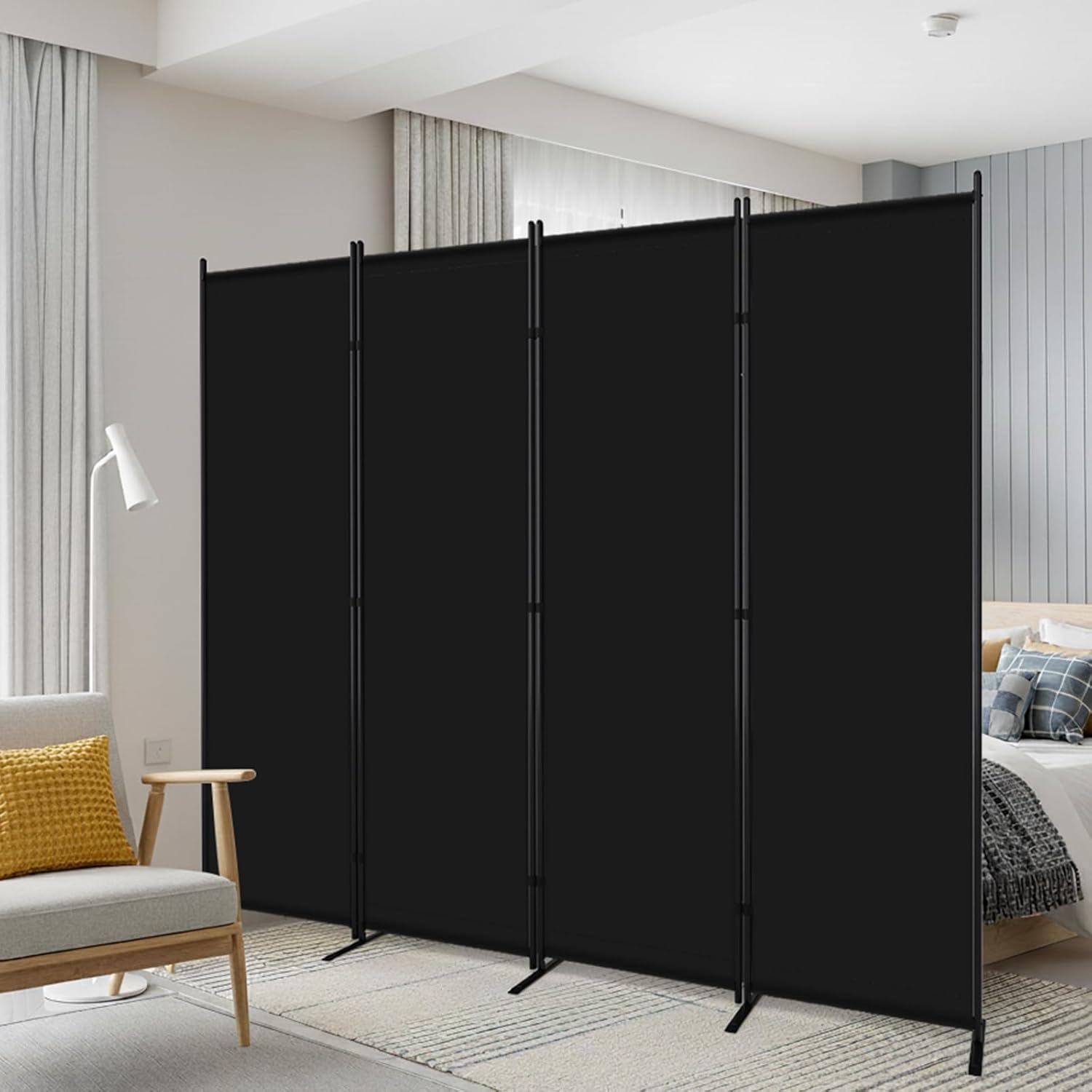 (Similar to photo)AKTOP 4 Panel Room Divider, 6FT Portable Wall Divider for Room Separation, 88\"W Fabric Partition Room Dividers and Folding Privacy Screens, Freestanding Room Separators for Home Office Bedroom, Black