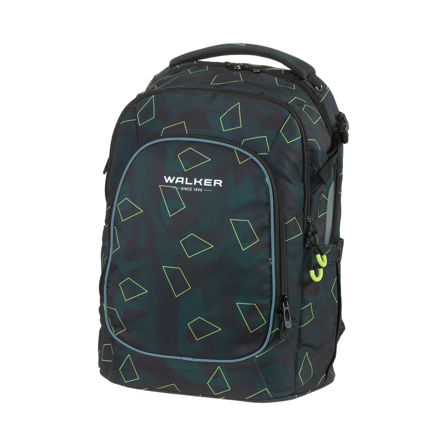 Walker Schulrucksack Campus Evo 2.0 "Green Polygon" mit 3 Fächern, Zippfach am Rücken, Schultasche inkl. RückenPolsterung, höhenverstellbares Tragesystem, verstellbaren Gurten