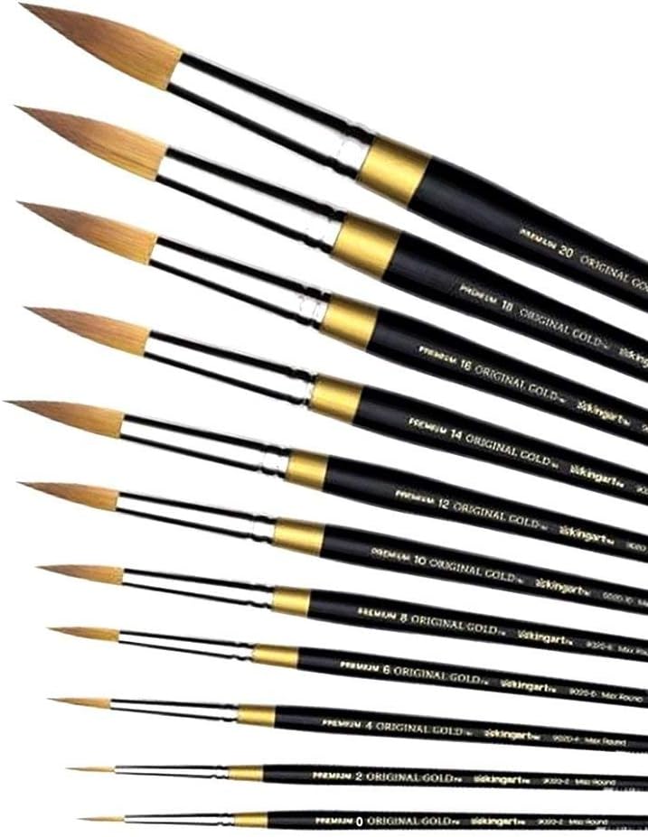 KINGART Premium 11 pc. Original Gold 9020 Series Ultra Round Artist Brush Set, Synthetic Golden Taklon Hair for Watercolor, Acrylic, Gouache and Oil Paint, Short Handle, Set of 11 Sizes: 0-20