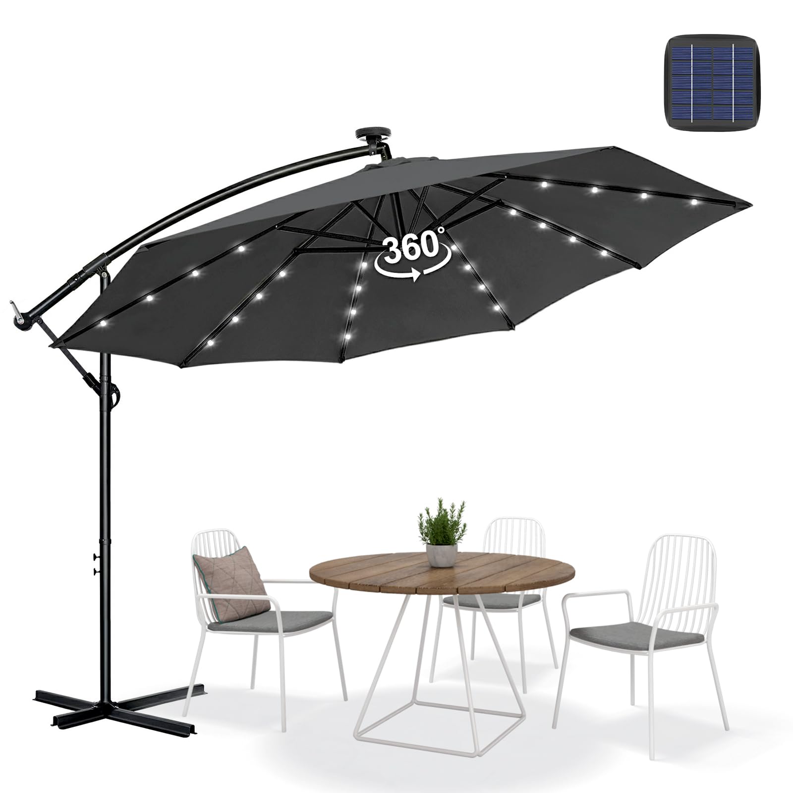 Parasol de Jardin Exterieur Déporté -Protection UV et Imperméable-Parasol Balcon avec Manivelle、Fonction 360°,Inclinable,Protection UV, Résistant au Vent, 8 Baleines en Acier