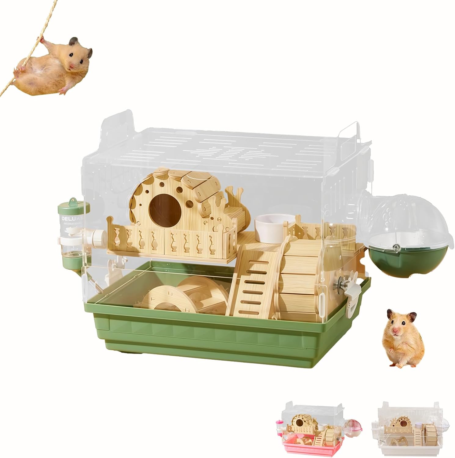 Acrylic Hamster Cage,Small Animal Houses&Habitats with Accessories,Hamster Enclosure with Stairs,Clear Pet Mice House,For Dwarf Gerbil,Dwarf Hamster,Pet Mice(Green,13.78"L*10.23"W*10.83"H)