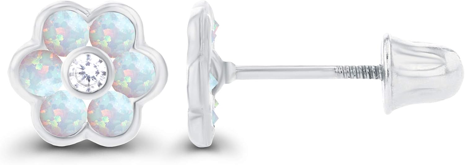 Solid 14K Gold Bezel 6mm Natural Birthstone Screwback Stud Earrings For Women | 1.75mm Birthstone | 1.25mm Created white Sapphire Halo Screwback Earrings For Women