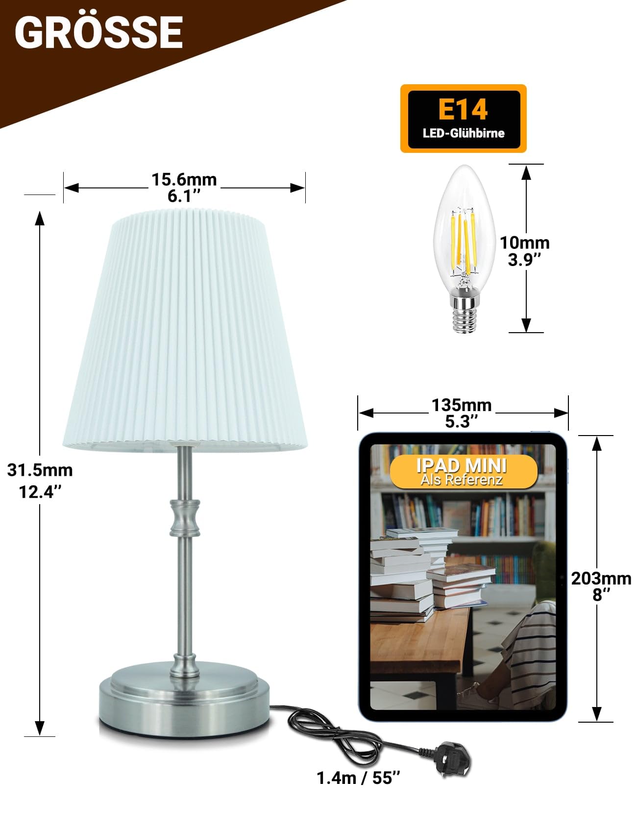 Dotykowa lampka nocna, 31,5 cm ściemnialna sterowanie dotykowe lampa stołowa LED nowoczesna lampa stołowa retro z żarówką do czytania salon pokój dziecięcy klosz z tkaniny do sypialni hotelu