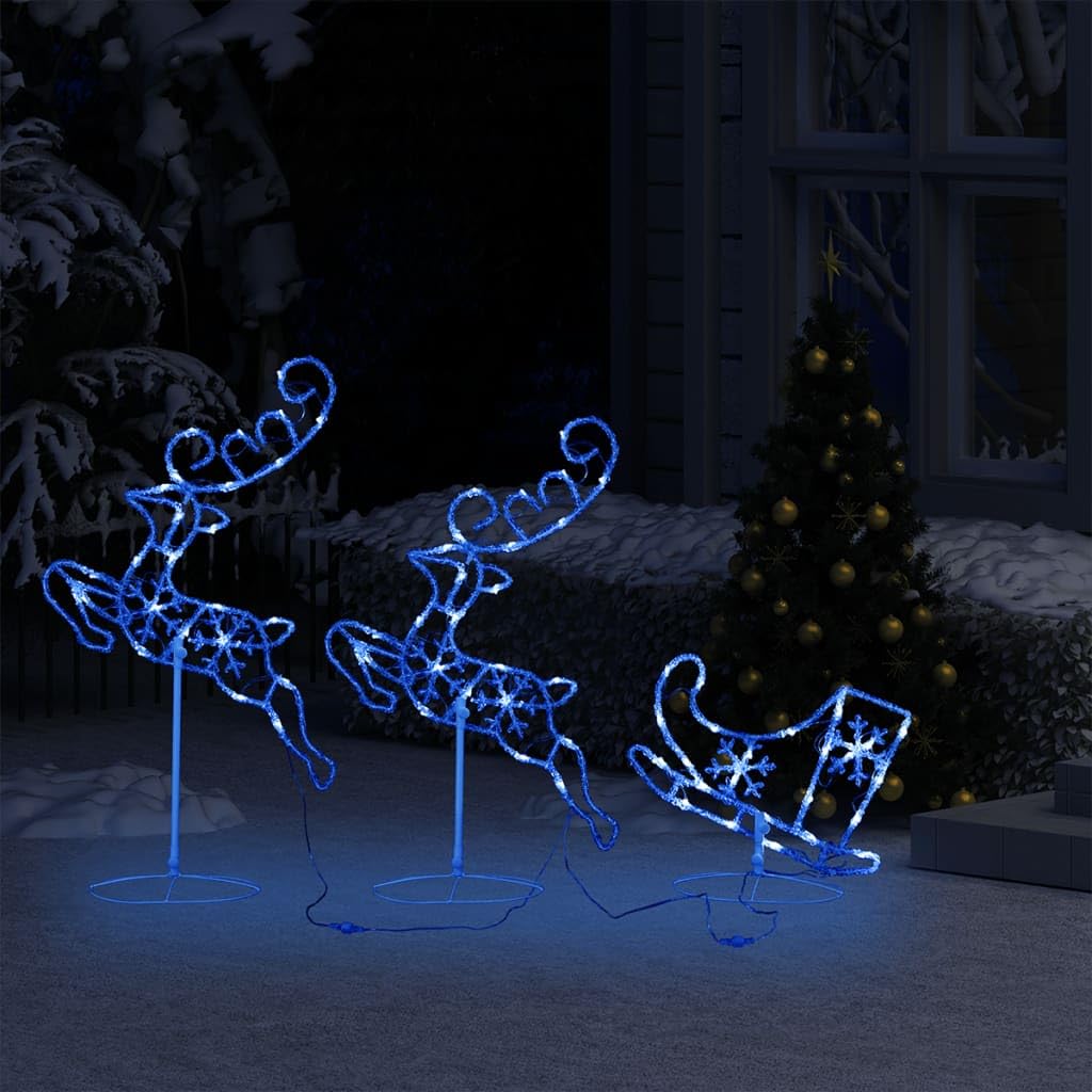 Decoración navideña LED de renos y trineos de acrílico con 72 ledes, 260 x 21 x 87 cm, azul, ahorro de energía, iluminación navideña para interior y exterior, cable de 5 m