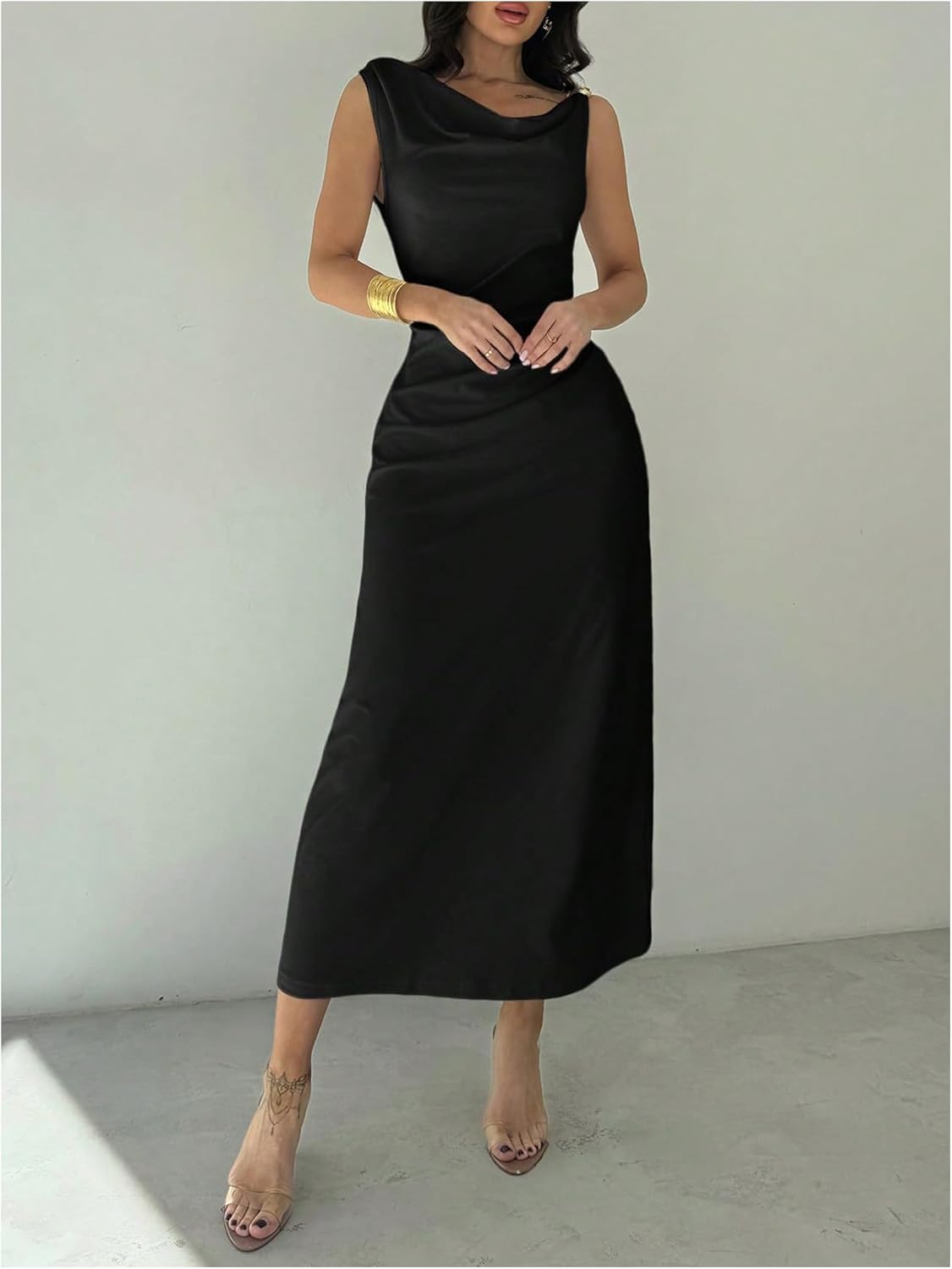 Floerns Women's Elegant Cowl Neck Long Cocktail Dress Sleeveless Draped Wedding Guest Dresses - Image 5