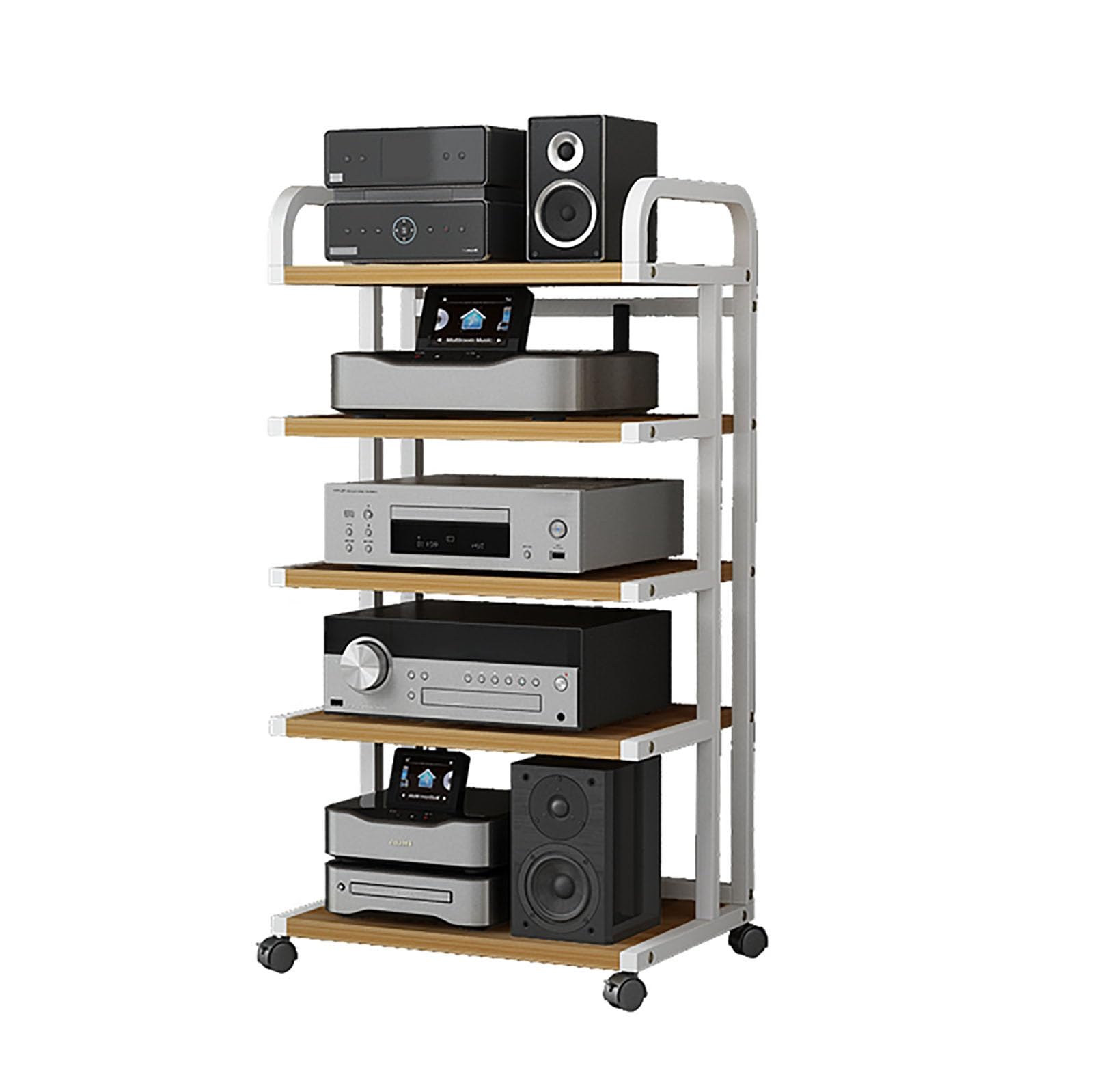 CWCQGH Modern Media Shelf with Wheels Gaming & DVD Stand Corner Rack for Stereo Audio Video Media Tower Perfect for Game Consoles & WiFi Routers,Wood Color-50x40x106cm