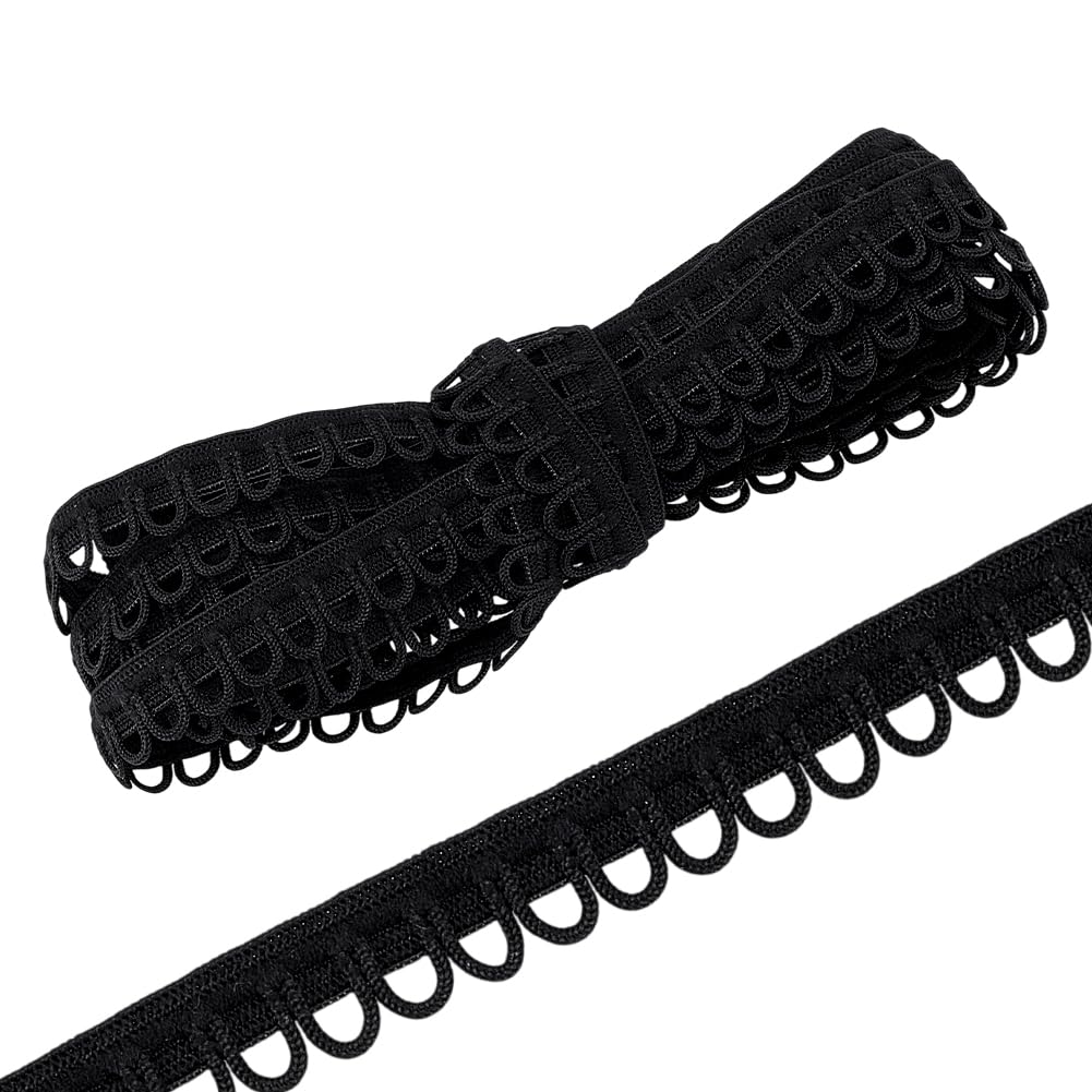 PH PandaHall 21.87 Yards Petite Braid Trim, Black Polyester Lace Trim with Elastic Button Loop Elastic Sewing Trims for DIY Craft Sewing Wedding Corset Bridal Dress Decor, 1.2cm Wide